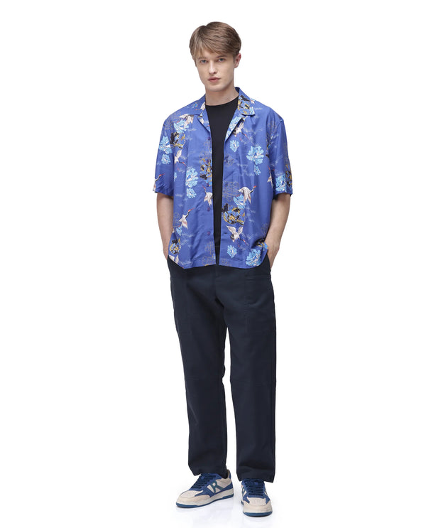 Rare Rabbit Men's Marque Blue Viscose Fabric Short Sleeve Cuban Collar Boxy Fit Floral Print Shirt