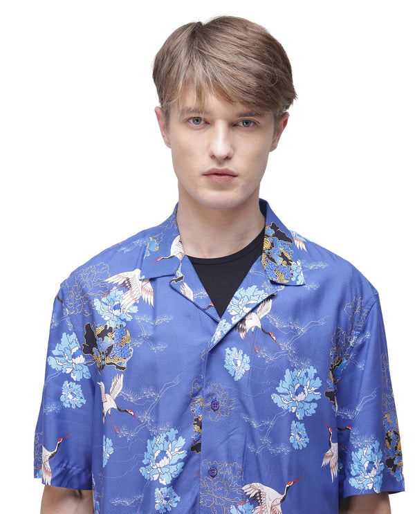 Rare Rabbit Men's Marque Blue Viscose Fabric Short Sleeve Cuban Collar Boxy Fit Floral Print Shirt