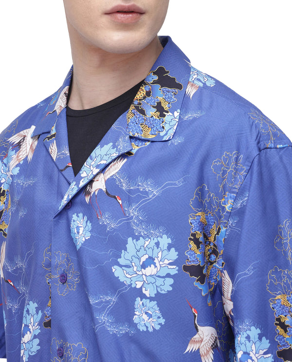 Rare Rabbit Men's Marque Blue Viscose Fabric Short Sleeve Cuban Collar Boxy Fit Floral Print Shirt