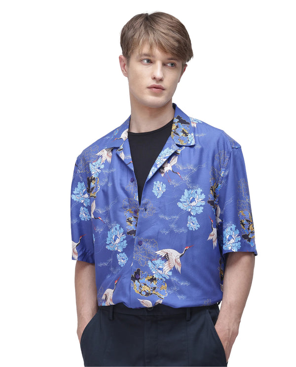 Rare Rabbit Men's Marque Blue Viscose Fabric Short Sleeve Cuban Collar Boxy Fit Floral Print Shirt
