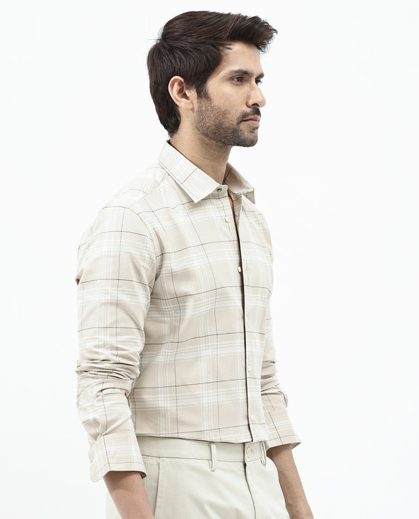 Rare Rabbit Men's Marron Beige Cotton Fabric Full Sleeve Regular Fit Checks Shirt