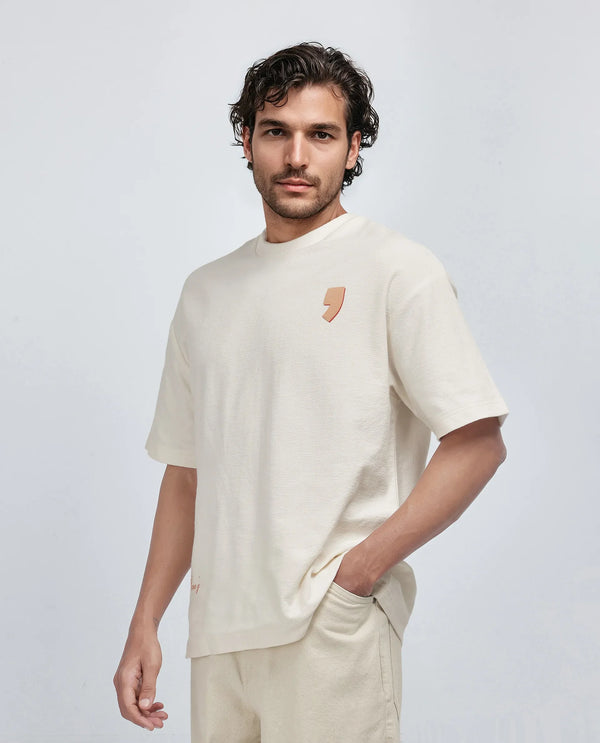 Rare Rabbit Men Marsa Off White Cotton Blend Short Sleeve Oversized Fit Graphic Print T-Shirt