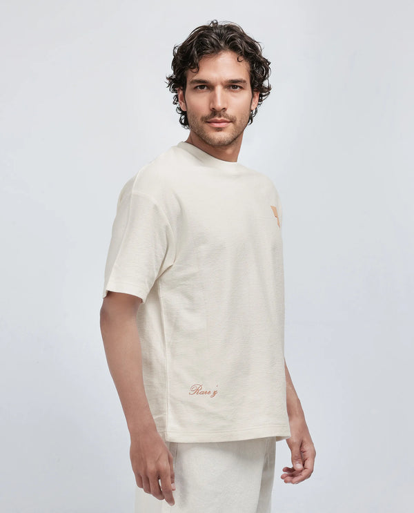 Rare Rabbit Men Marsa Off White Cotton Blend Short Sleeve Oversized Fit Graphic Print T-Shirt