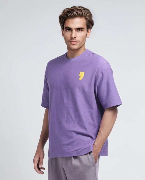Rare Rabbit Men Marsa Purple Cotton Blend Short Sleeve Oversized Fit Graphic Print T-Shirt