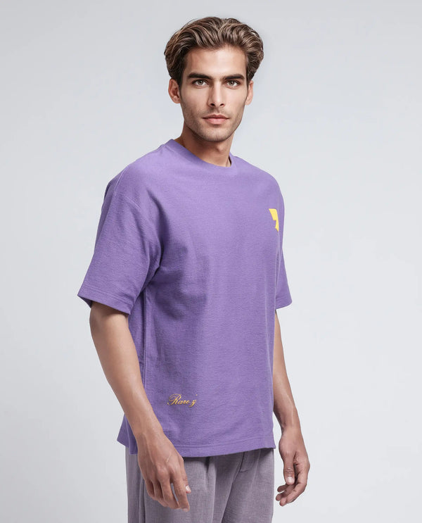 Rare Rabbit Men Marsa Purple Cotton Blend Short Sleeve Oversized Fit Graphic Print T-Shirt