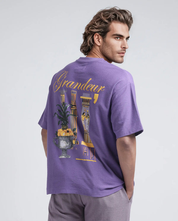 Rare Rabbit Men Marsa Purple Cotton Blend Short Sleeve Oversized Fit Graphic Print T-Shirt