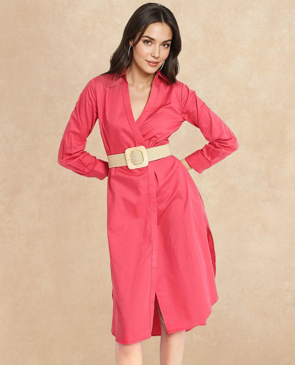 Rareism Women Marunara Red Cuffed Sleeve Jonny Collar Button Closure Relaxed Fit Midi Plain Dress