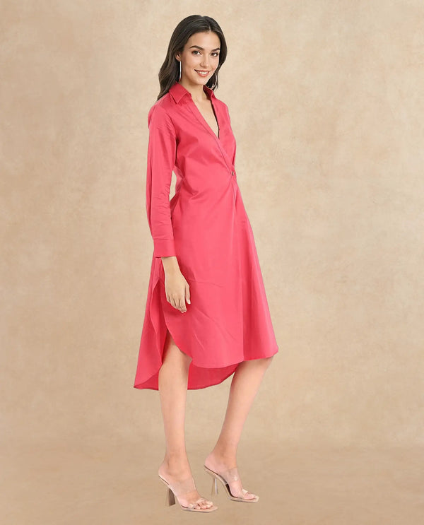 Rareism Women Marunara Red Cuffed Sleeve Jonny Collar Button Closure Relaxed Fit Midi Plain Dress