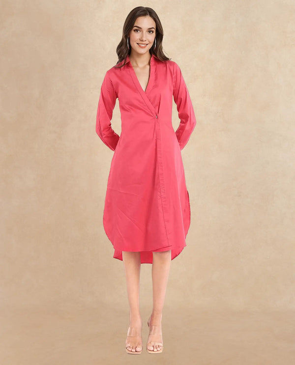 Rareism Women Marunara Red Cuffed Sleeve Jonny Collar Button Closure Relaxed Fit Midi Plain Dress