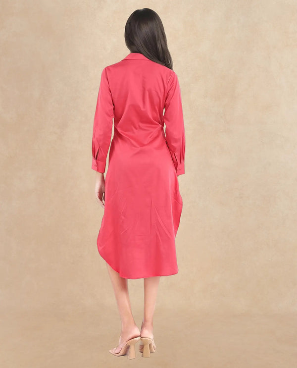 Rareism Women Marunara Red Cuffed Sleeve Jonny Collar Button Closure Relaxed Fit Midi Plain Dress