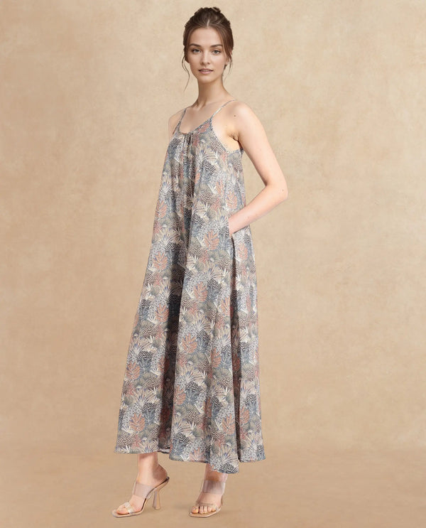 Rareism Women Marvia Dark Multi Shoulder Straps Flared Maxi Botanical Print Dress