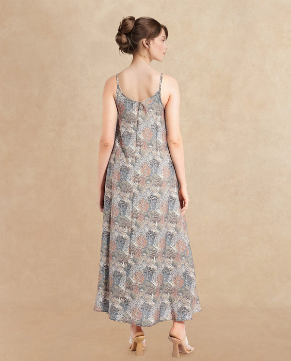 Rareism Women Marvia Dark Multi Shoulder Straps Flared Maxi Botanical Print Dress