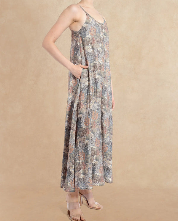 Rareism Women Marvia Dark Multi Shoulder Straps Flared Maxi Botanical Print Dress