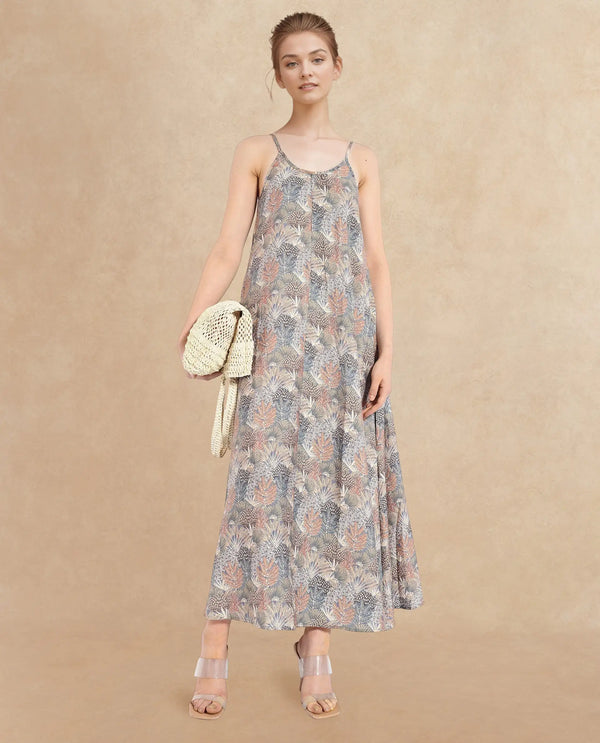 Rareism Women Marvia Dark Multi Shoulder Straps Flared Maxi Botanical Print Dress