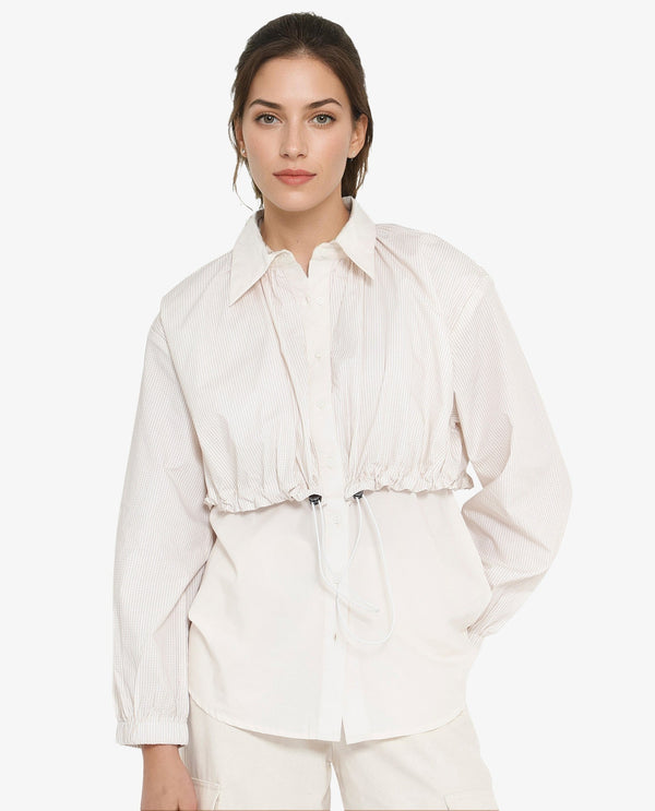 Rareism Women Mash Beige Cuffed Sleeve Regular Collar Relaxed Fit Striped Top