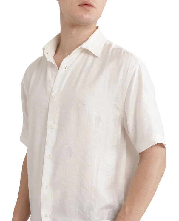 Rare Rabbit Men Masie White Viscose Fabric Regular Fit Short Sleeve Regular Collared Plain Shirt