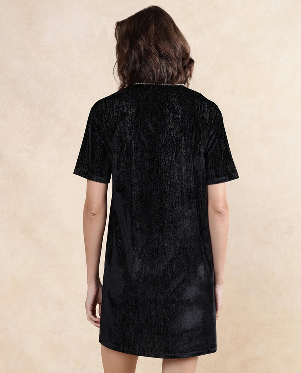 Rareism Women Maslak Black Velvet Regular Sleeves V-Neck Boxy Fit Mini Plain Dress