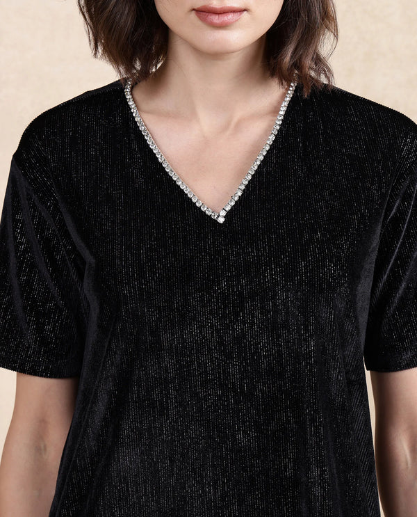 Rareism Women Maslak Black Velvet Regular Sleeves V-Neck Boxy Fit Mini Plain Dress