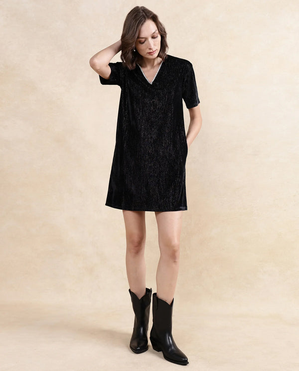 Rareism Women Maslak Black Velvet Regular Sleeves V-Neck Boxy Fit Mini Plain Dress