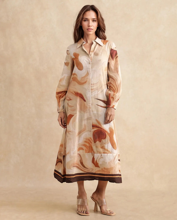 Rareism Women Massa Light Multi Bishop Sleeve Collared Neck Button Closure Relaxed Fit Midi Abstract Print Dress