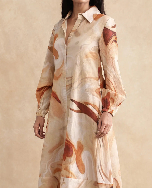 Rareism Women Massa Light Multi Bishop Sleeve Collared Neck Button Closure Relaxed Fit Midi Abstract Print Dress