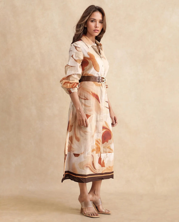 Rareism Women Massa Light Multi Bishop Sleeve Collared Neck Button Closure Relaxed Fit Midi Abstract Print Dress