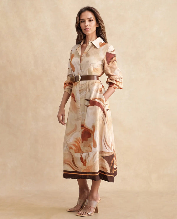 Rareism Women Massa Light Multi Bishop Sleeve Collared Neck Button Closure Relaxed Fit Midi Abstract Print Dress
