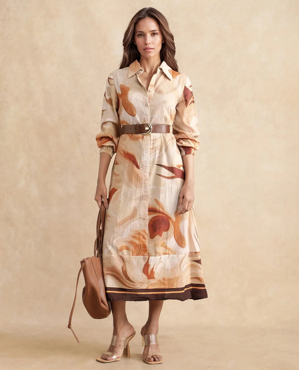 Rareism Women Massa Light Multi Bishop Sleeve Collared Neck Button Closure Relaxed Fit Midi Abstract Print Dress