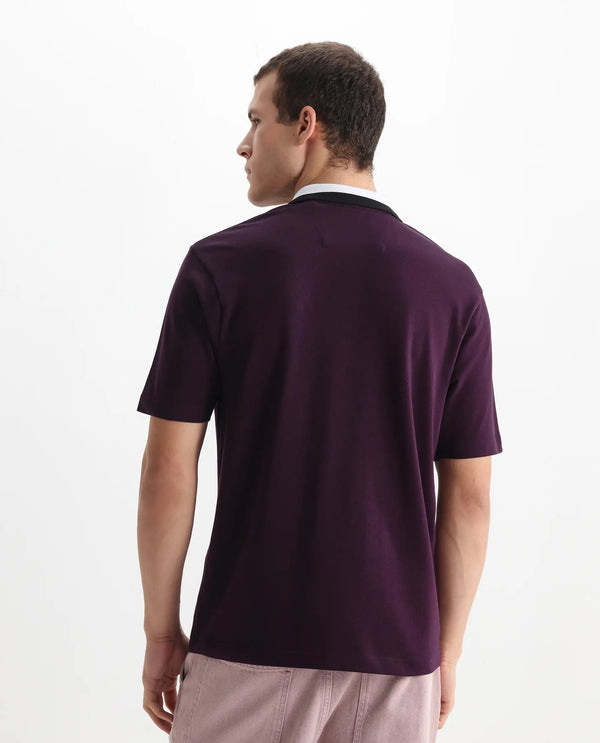 Rare Rabbit Men Mateo Dark Purple Cotton Lycra Fabric Short Sleeve Collared Neck Button Closure Embroided Polo
