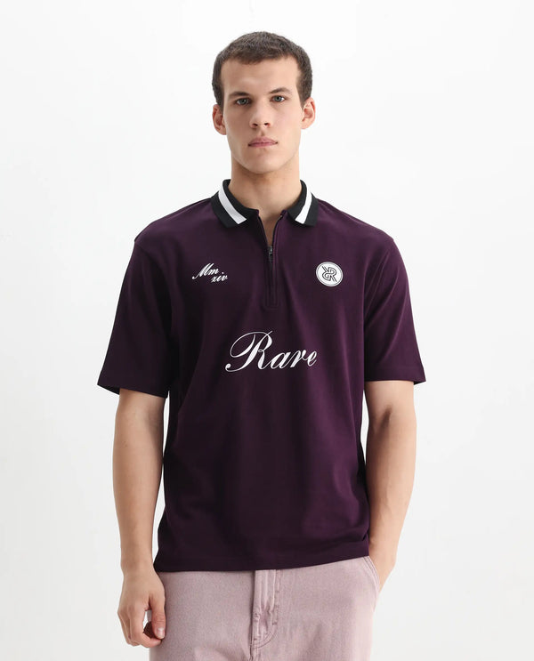 Rare Rabbit Men Mateo Dark Purple Cotton Lycra Fabric Short Sleeve Collared Neck Button Closure Embroided Polo