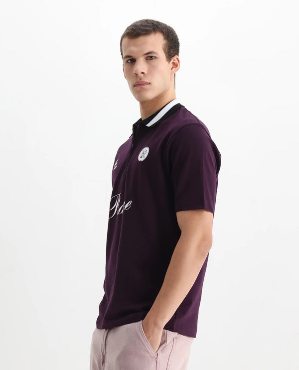 Rare Rabbit Men Mateo Dark Purple Cotton Lycra Fabric Short Sleeve Collared Neck Button Closure Embroided Polo