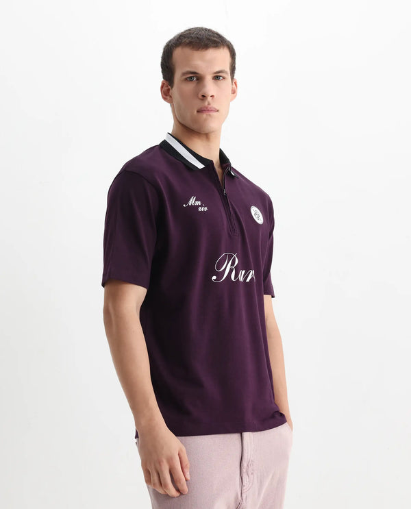 Rare Rabbit Men Mateo Dark Purple Cotton Lycra Fabric Short Sleeve Collared Neck Button Closure Embroided Polo