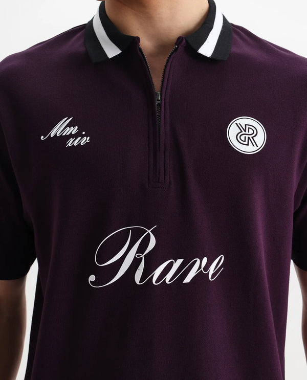 Rare Rabbit Men Mateo Dark Purple Cotton Lycra Fabric Short Sleeve Collared Neck Button Closure Embroided Polo