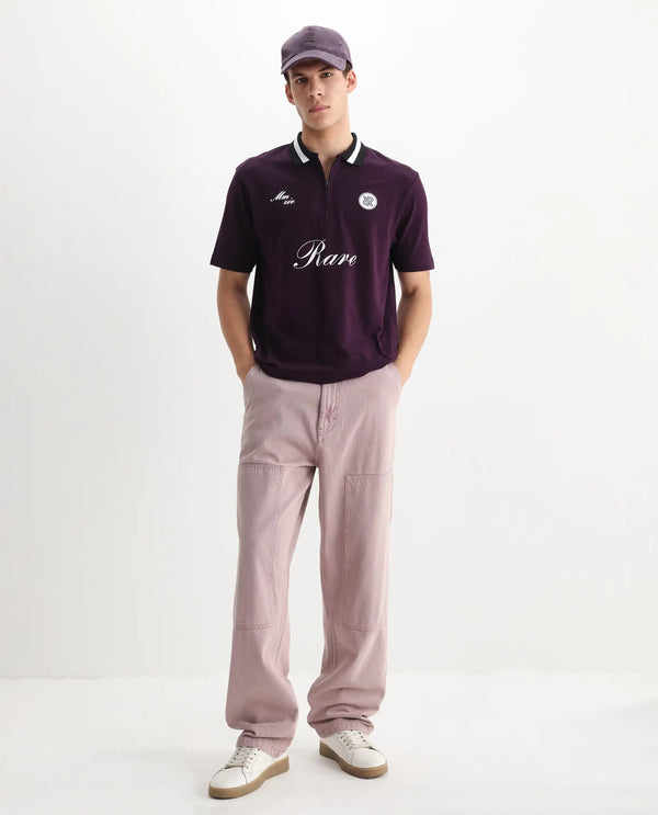Rare Rabbit Men Mateo Dark Purple Cotton Lycra Fabric Short Sleeve Collared Neck Button Closure Embroided Polo