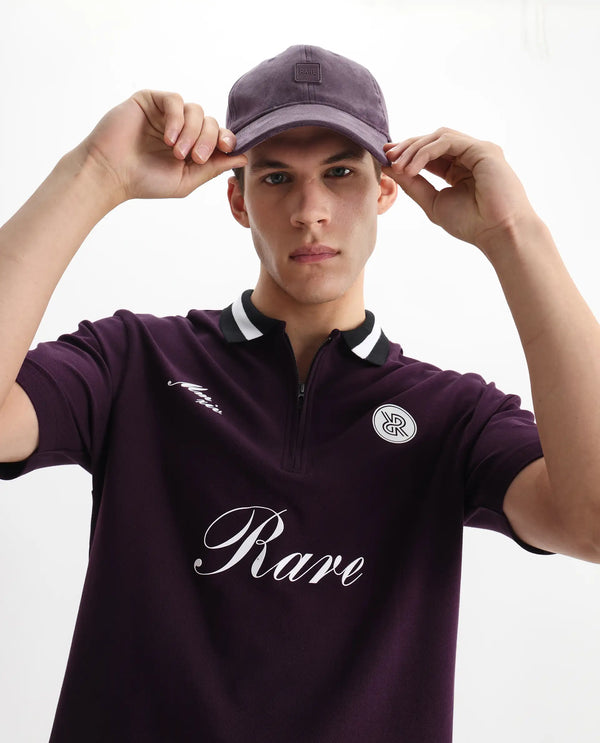 Rare Rabbit Men Mateo Dark Purple Cotton Lycra Fabric Short Sleeve Collared Neck Button Closure Embroided Polo
