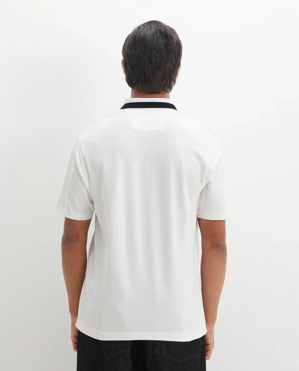 Rare Rabbit Men Mateo White Cotton Lycra Fabric Short Sleeve Collared Neck Zipper Closure Embroidered Polo