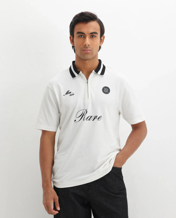 Rare Rabbit Men Mateo White Cotton Lycra Fabric Short Sleeve Collared Neck Zipper Closure Embroidered Polo
