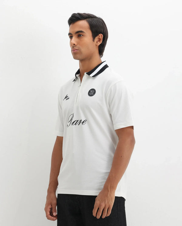 Rare Rabbit Men Mateo White Cotton Lycra Fabric Short Sleeve Collared Neck Zipper Closure Embroidered Polo