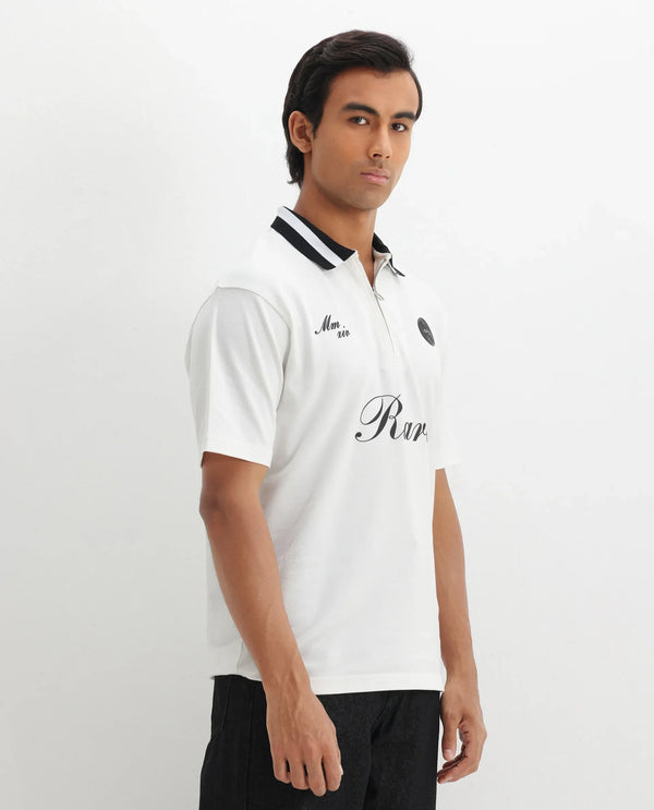 Rare Rabbit Men Mateo White Cotton Lycra Fabric Short Sleeve Collared Neck Zipper Closure Embroidered Polo