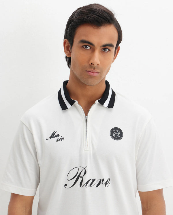 Rare Rabbit Men Mateo White Cotton Lycra Fabric Short Sleeve Collared Neck Zipper Closure Embroidered Polo