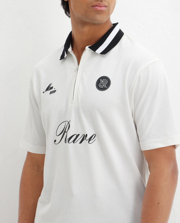 Rare Rabbit Men Mateo White Cotton Lycra Fabric Short Sleeve Collared Neck Zipper Closure Embroidered Polo