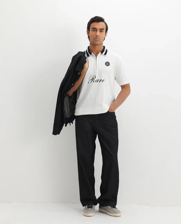 Rare Rabbit Men Mateo White Cotton Lycra Fabric Short Sleeve Collared Neck Zipper Closure Embroidered Polo