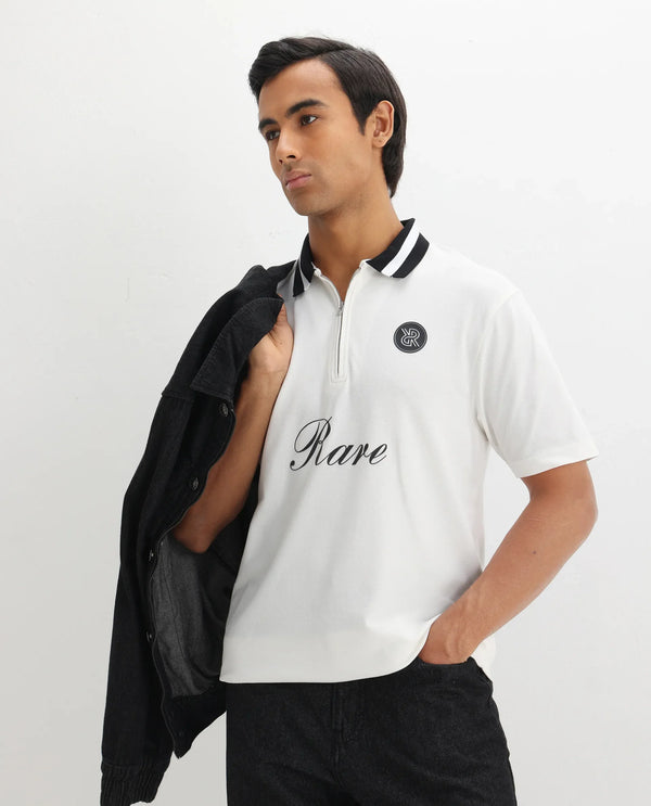Rare Rabbit Men Mateo White Cotton Lycra Fabric Short Sleeve Collared Neck Zipper Closure Embroidered Polo