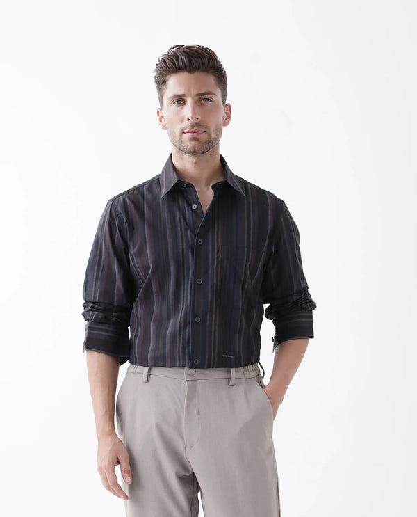 Rare Rabbit Men Matis Black Viscose Fabric Full Sleeve Collared Neck Button Closure Relaxed Fit Striped Shirt