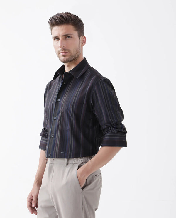 Rare Rabbit Men Matis Black Viscose Fabric Full Sleeve Collared Neck Button Closure Relaxed Fit Striped Shirt