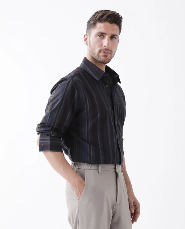 Rare Rabbit Men Matis Black Viscose Fabric Full Sleeve Collared Neck Button Closure Relaxed Fit Striped Shirt