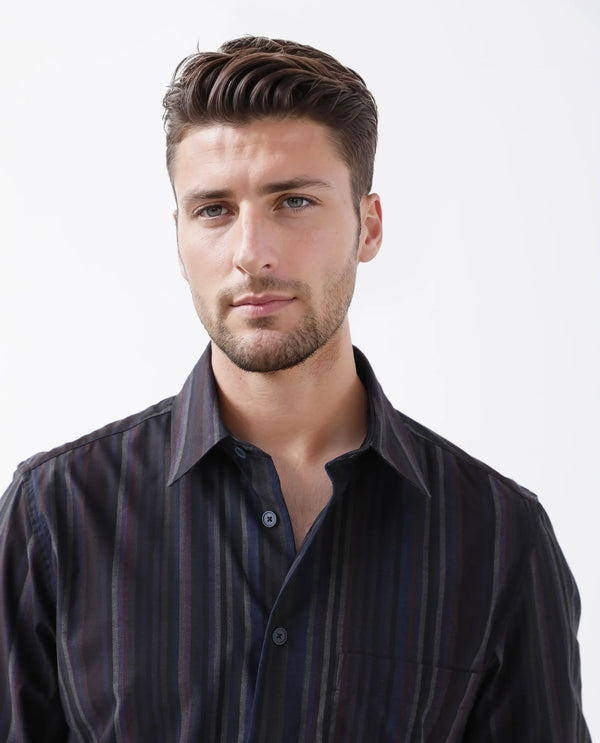 Rare Rabbit Men Matis Black Viscose Fabric Full Sleeve Collared Neck Button Closure Relaxed Fit Striped Shirt