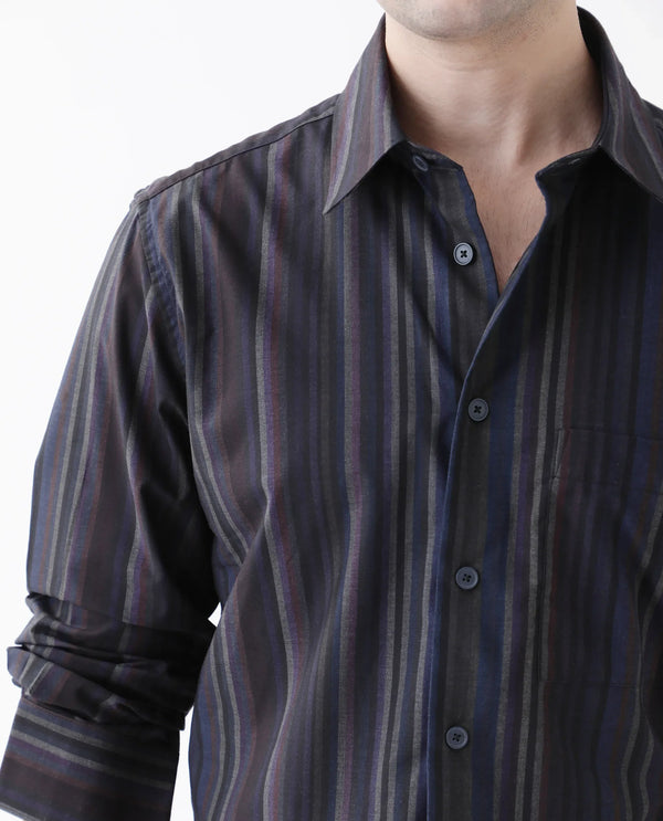 Rare Rabbit Men Matis Black Viscose Fabric Full Sleeve Collared Neck Button Closure Relaxed Fit Striped Shirt