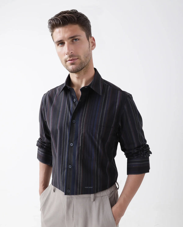 Rare Rabbit Men Matis Black Viscose Fabric Full Sleeve Collared Neck Button Closure Relaxed Fit Striped Shirt