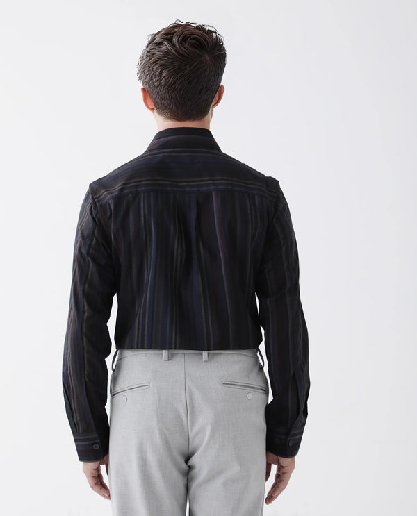 Rare Rabbit Men Matis Black Viscose Fabric Full Sleeve Collared Neck Button Closure Relaxed Fit Striped Shirt